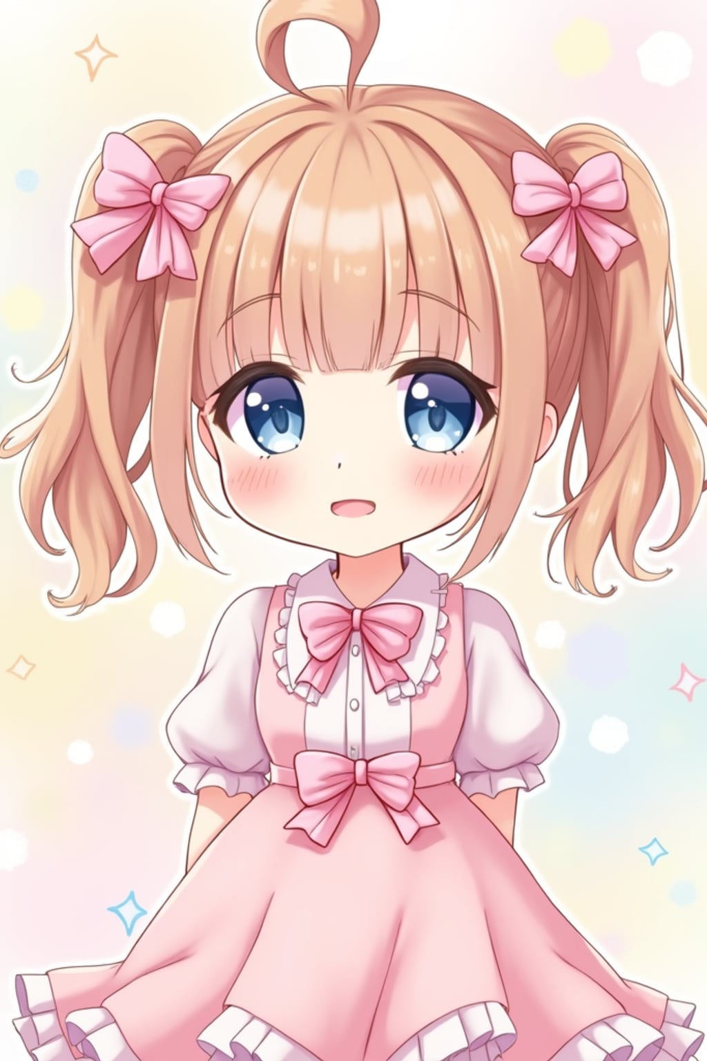 A cute kawaii anime girl avatar, featuring large sparkling eyes, a pastel-colored dress with ribbons and bows, playful pigtails . The background has dreamy pastel colors with soft sparkles. the style is in anime illustration.