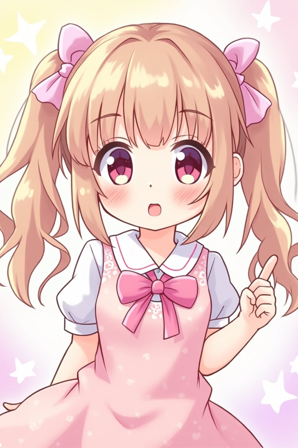 A cute kawaii anime girl avatar, featuring large sparkling eyes, a pastel-colored dress with ribbons and bows, playful pigtails . The background has dreamy pastel colors with soft sparkles. the style is in anime illustration.