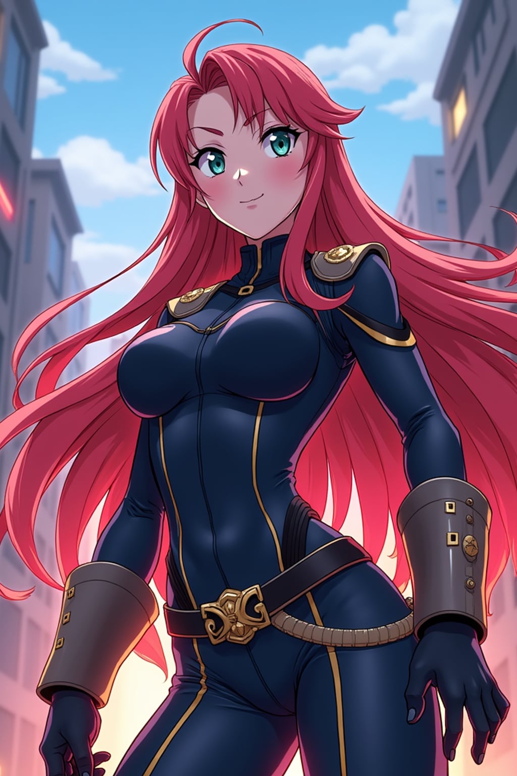 A vibrant anime-style avatar of a determined shonen protagonist, wearing a sleek battle uniform with long flowing hair and a confident expression . The background features an action-packed anime cityscape with dynamic lighting. the style is in anime illustration.