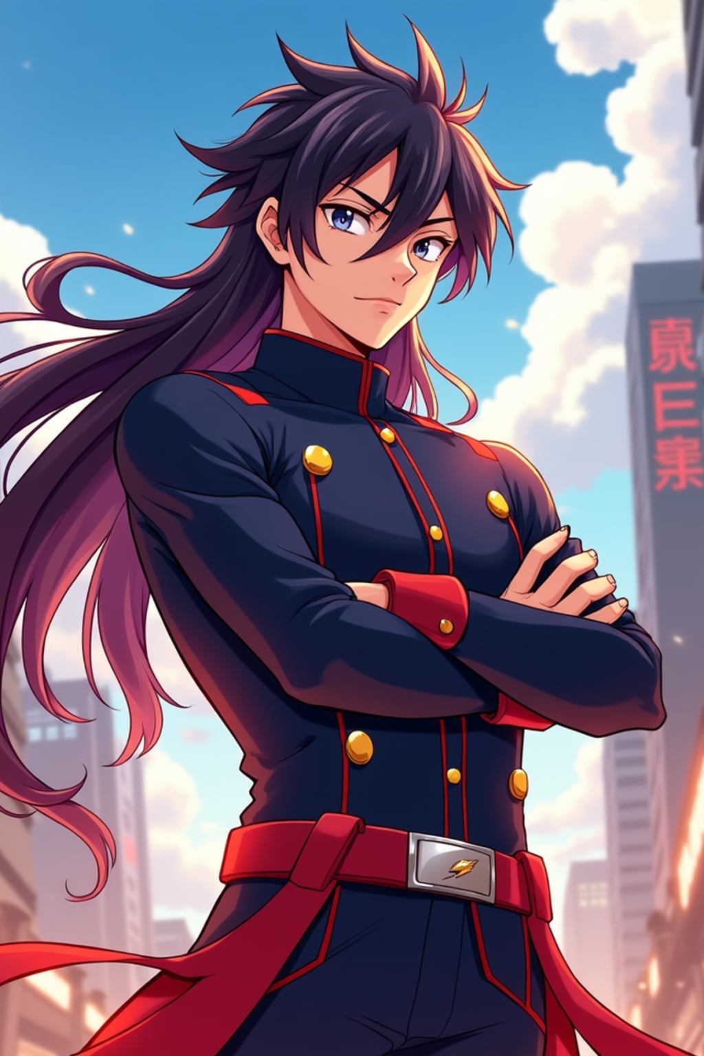 A vibrant anime-style avatar of a determined shonen protagonist, wearing a sleek battle uniform with long flowing hair and a confident expression . The background features an action-packed anime cityscape with dynamic lighting. the style is in anime illustration.