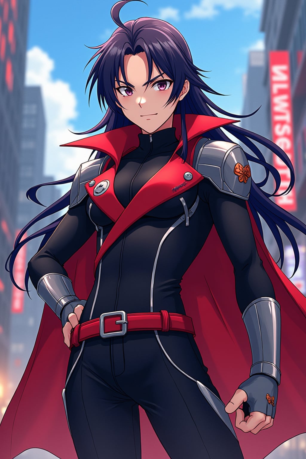 A vibrant anime-style avatar of a determined shonen protagonist, wearing a sleek battle uniform with long flowing hair and a confident expression . The background features an action-packed anime cityscape with dynamic lighting. the style is in anime illustration.