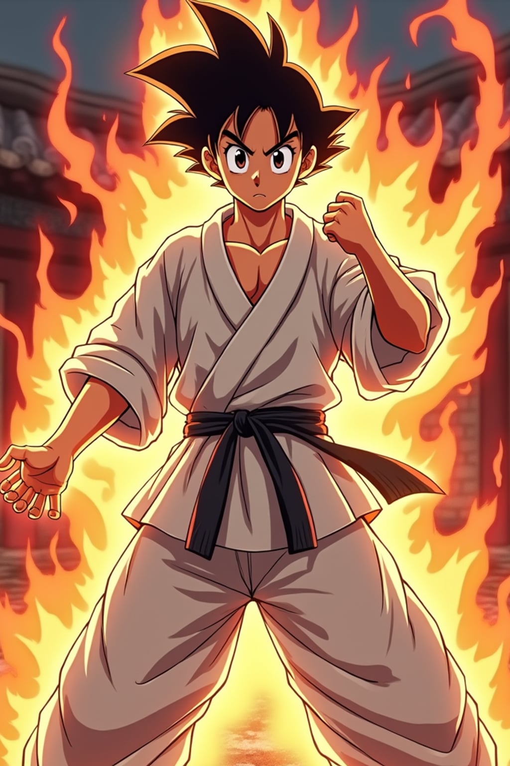 A legendary anime martial artist, posing confidently with a glowing energy aura, wearing a traditional gi with a belt and focused eyes . The background features a classic anime battle stage. the style is in anime illustration.