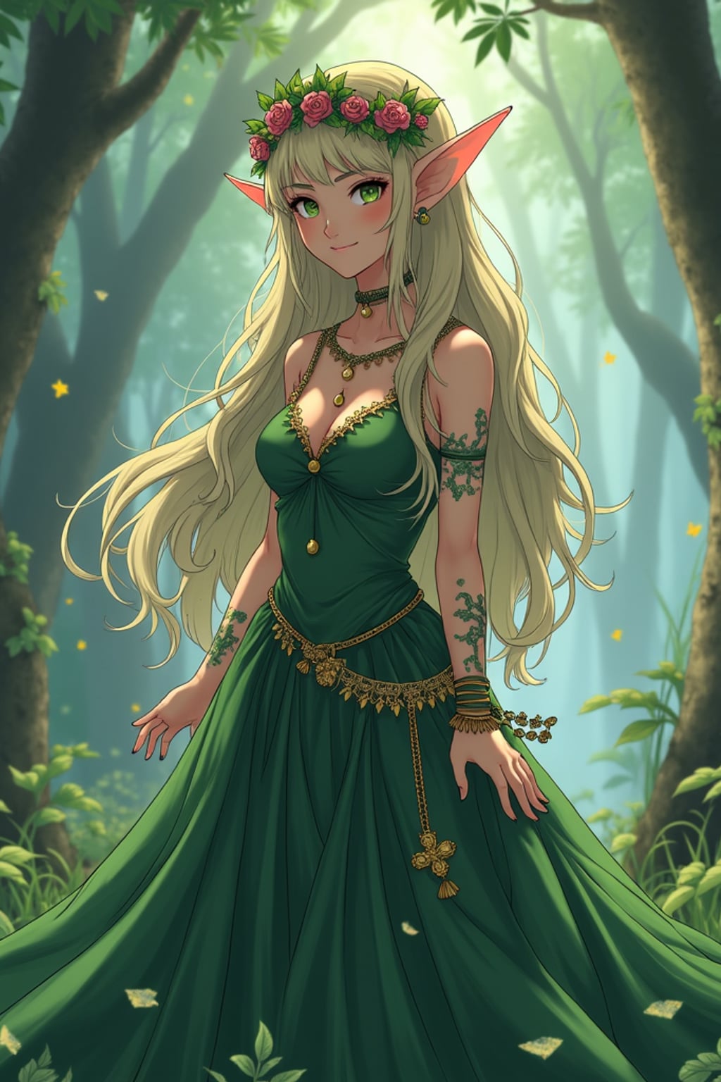 A mystical anime elf character, with pointed ears and glowing magical tattoos, dressed in an elegant forest gown with flower crowns and long flowing hair . The setting is a magical woodland landscape. the style is in anime illustration.