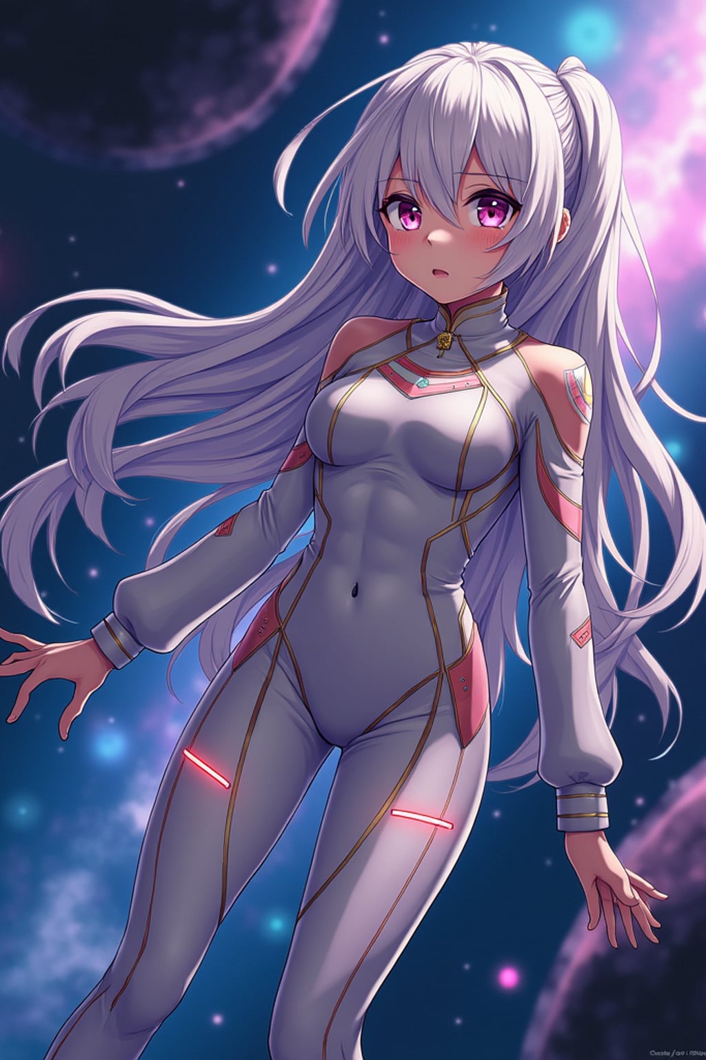 A dreamy anime space explorer, floating in a futuristic spaceship, wearing a sleek space pilot uniform with glowing accents . The backdrop features distant galaxies and nebulae. the style is in anime illustration.