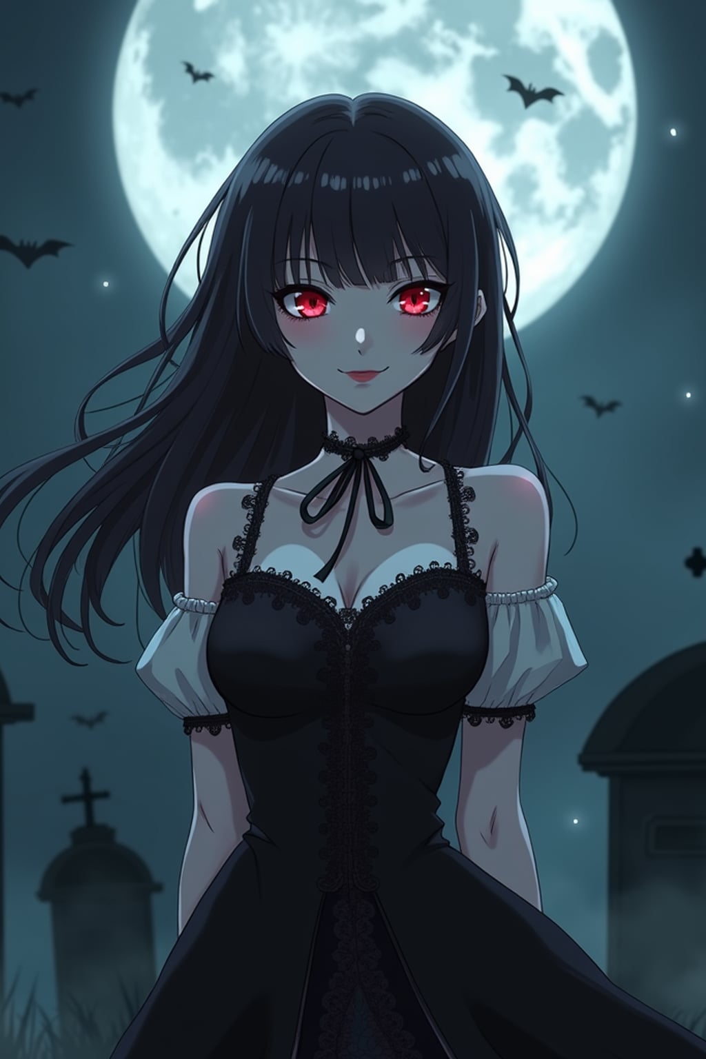 A gothic anime vampire avatar, with pale skin and piercing red eyes, wearing a Victorian-style dress with lace details and a mysterious smile . The setting is a foggy moonlit graveyard. the style is in anime illustration.