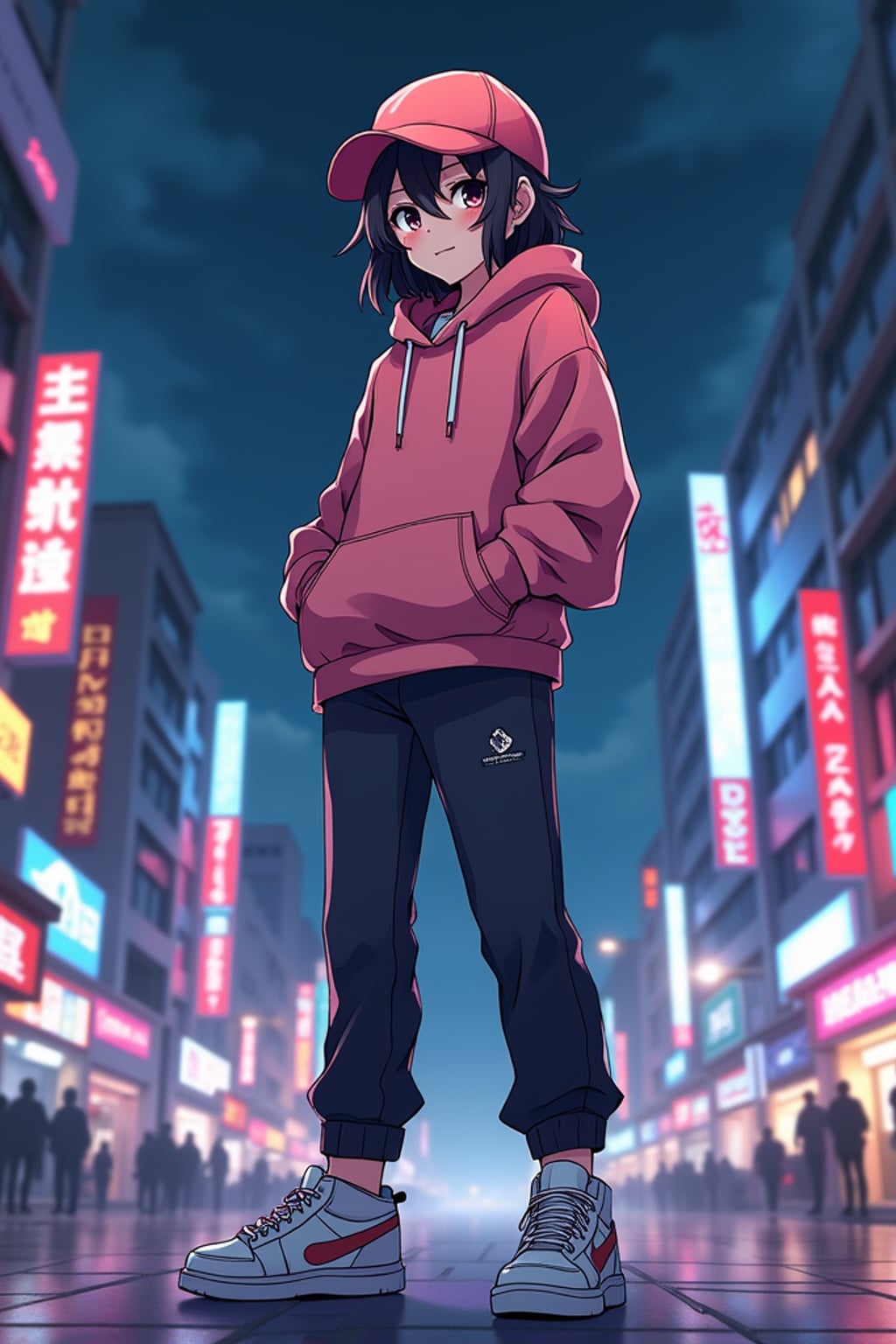 A cool anime streetwear avatar, wearing a trendy oversized hoodie with stylish sneakers and a cute cap . The background is a neon-lit anime city at night. the style is in anime illustration.