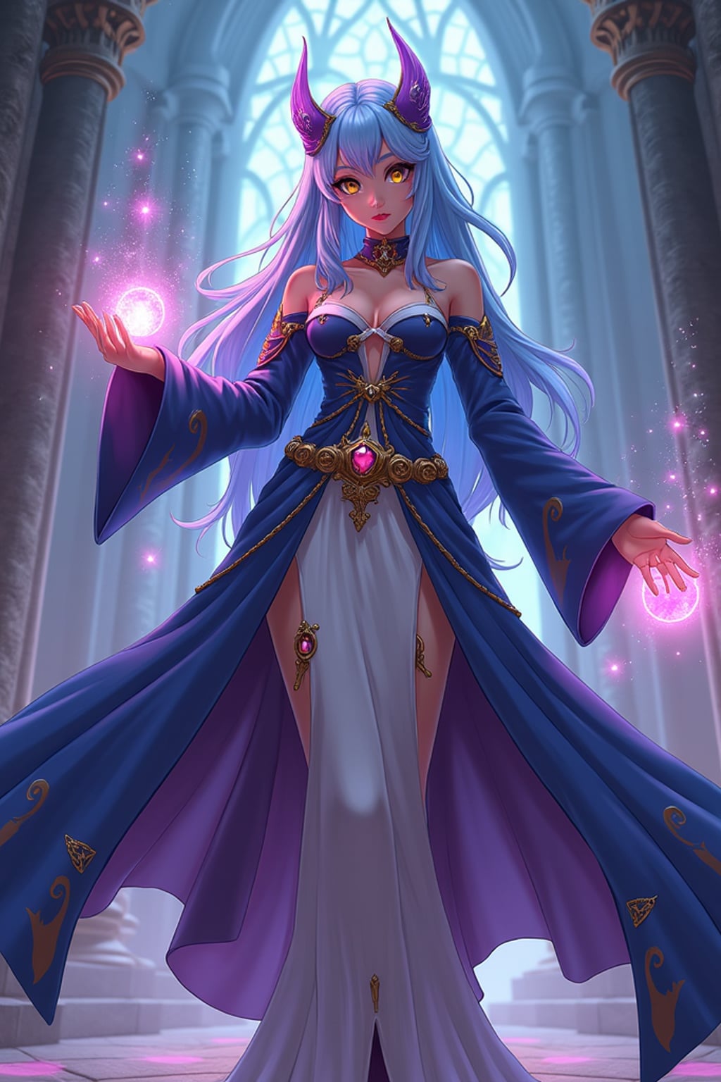 A fantasy anime warrior avatar, dressed in a magical sorceress outfit with glowing orbs and enchanted symbols . The setting is a grand castle with mystical energy radiating. the style is in anime illustration.