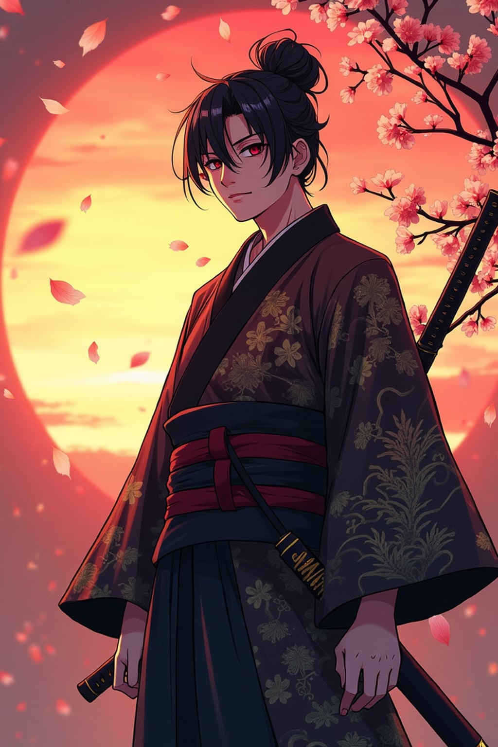 A powerful samurai anime avatar, holding a katana, wearing a traditional kimono with intricate patterns, standing confidently . The backdrop features a dramatic sunset and falling cherry blossoms. the style is in anime illustration.