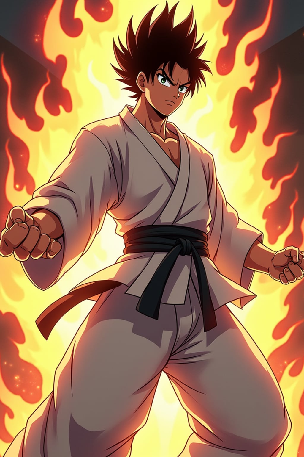 A legendary anime martial artist, posing confidently with a glowing energy aura, wearing a traditional gi with a belt and focused eyes . The background features a classic anime battle stage. the style is in anime illustration.