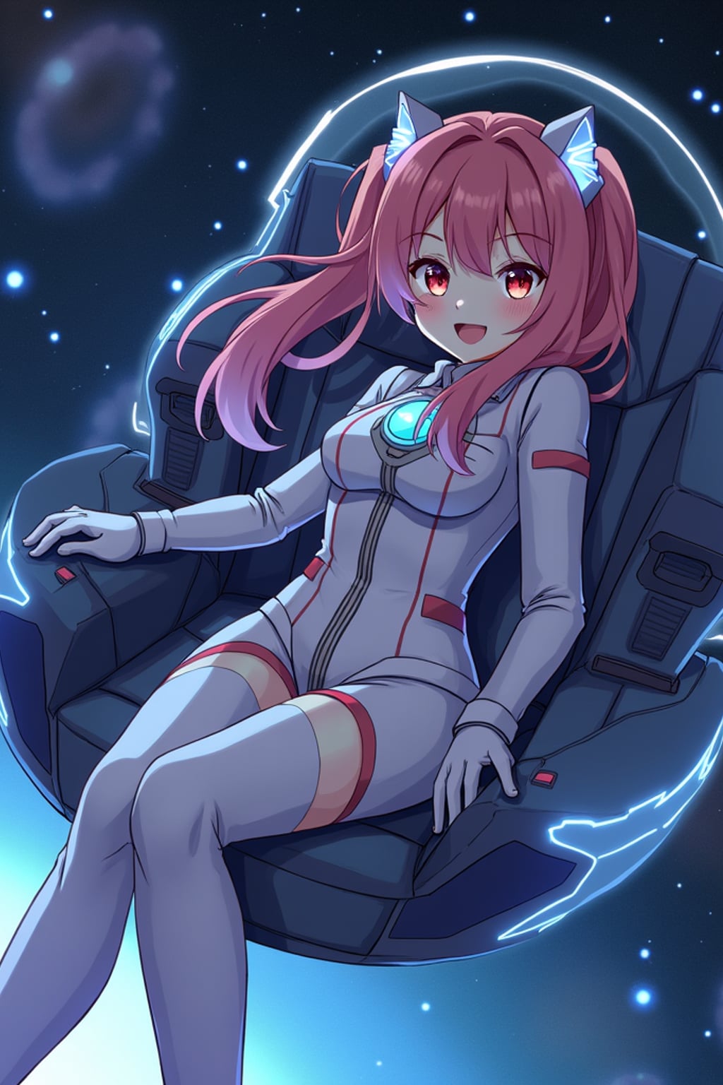 A dreamy anime space explorer, floating in a futuristic spaceship, wearing a sleek space pilot uniform with glowing accents . The backdrop features distant galaxies and nebulae. the style is in anime illustration.