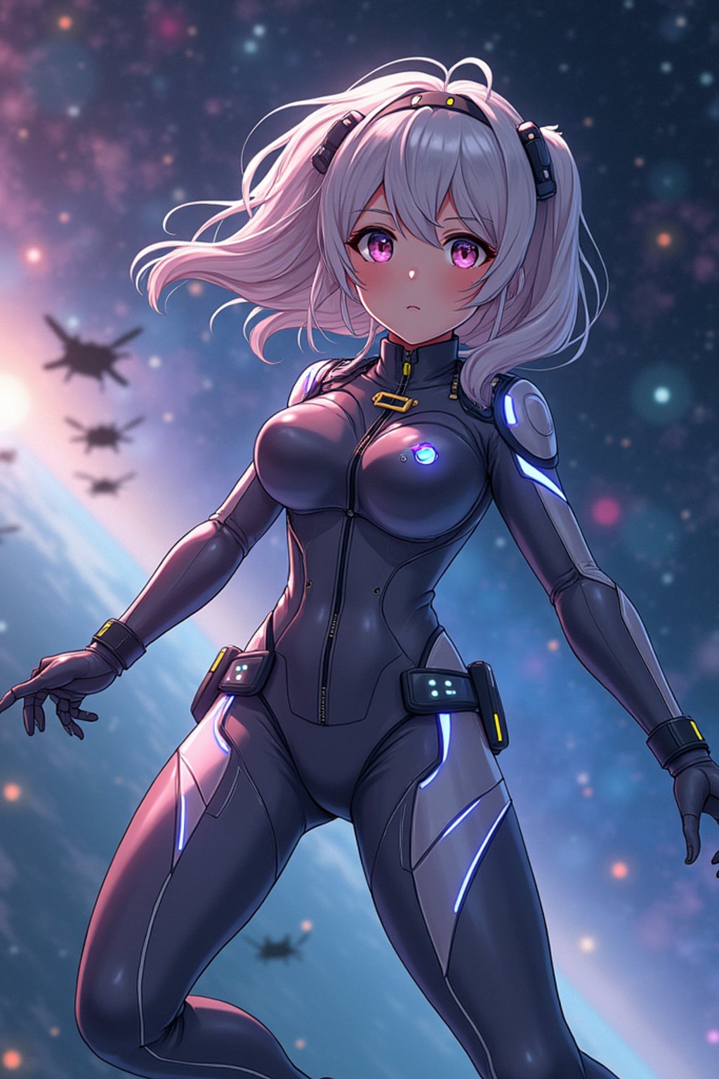 A dreamy anime space explorer, floating in a futuristic spaceship, wearing a sleek space pilot uniform with glowing accents . The backdrop features distant galaxies and nebulae. the style is in anime illustration.