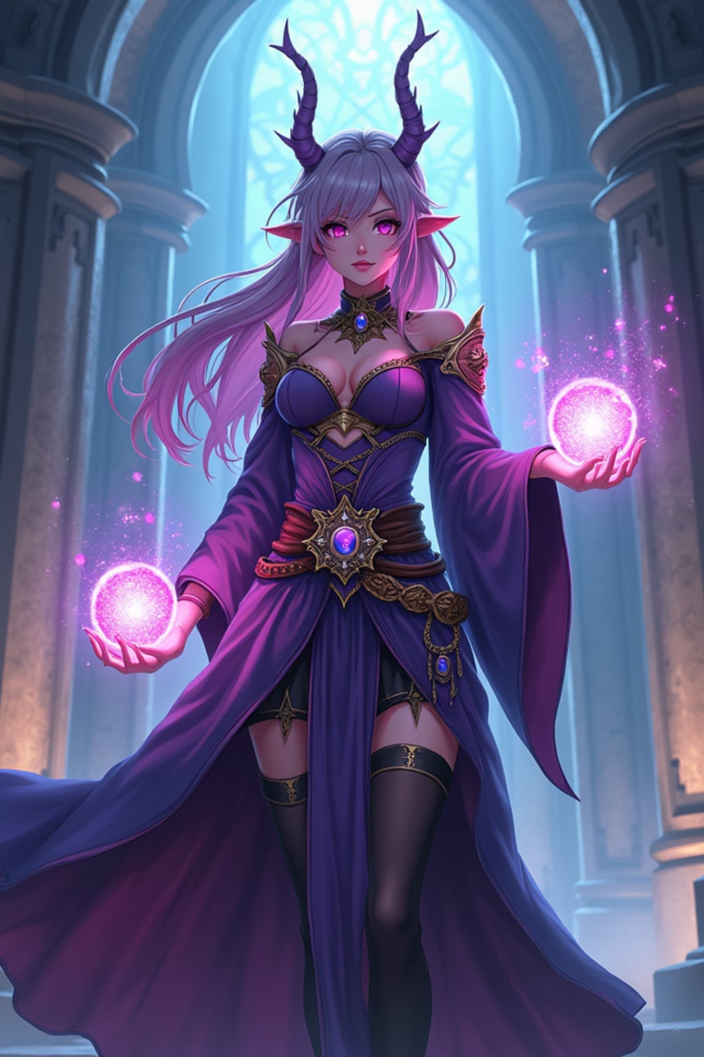 A fantasy anime warrior avatar, dressed in a magical sorceress outfit with glowing orbs and enchanted symbols . The setting is a grand castle with mystical energy radiating. the style is in anime illustration.