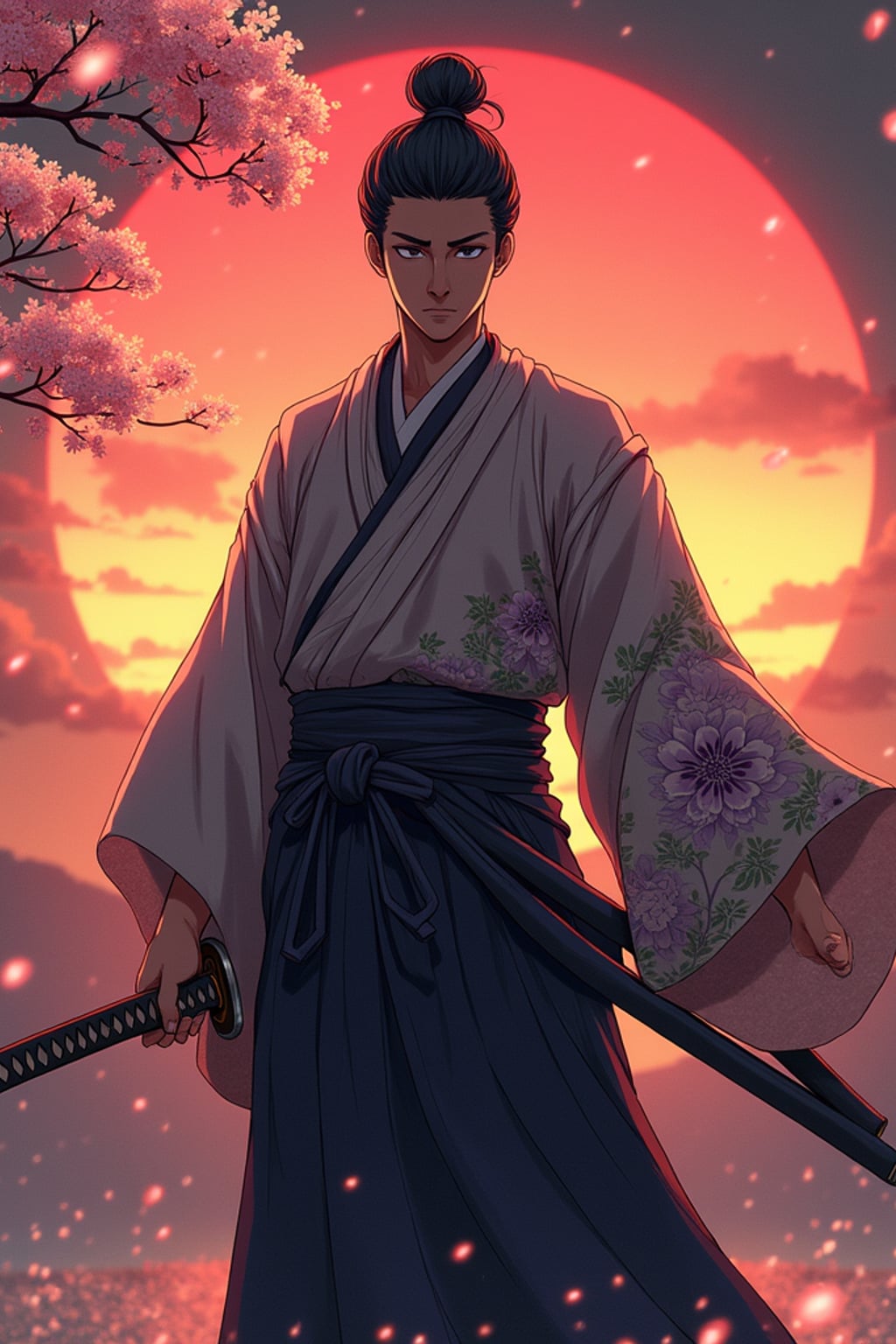 A powerful samurai anime avatar, holding a katana, wearing a traditional kimono with intricate patterns, standing confidently . The backdrop features a dramatic sunset and falling cherry blossoms. the style is in anime illustration.
