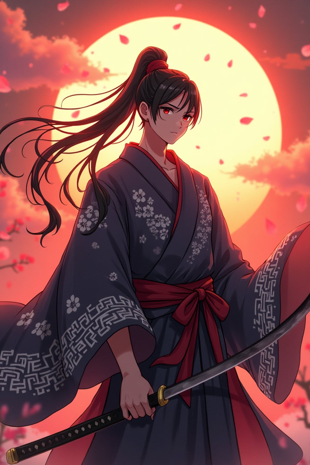 A powerful samurai anime avatar, holding a katana, wearing a traditional kimono with intricate patterns, standing confidently . The backdrop features a dramatic sunset and falling cherry blossoms. the style is in anime illustration.