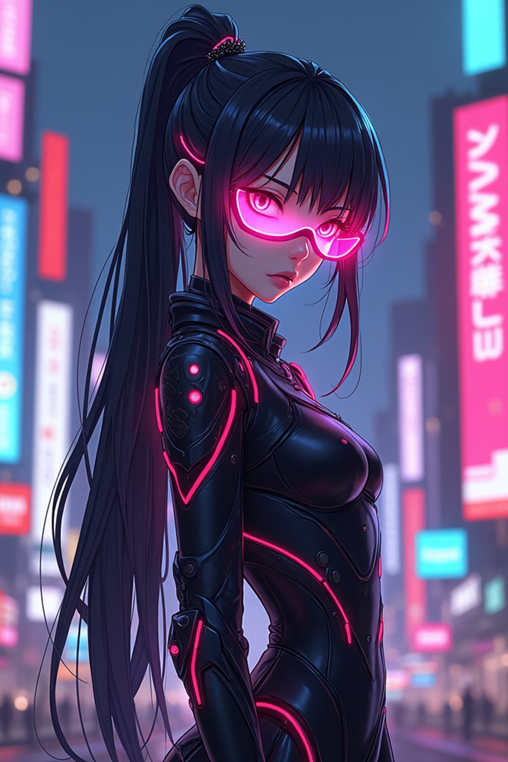A cyberpunk anime-style character, with glowing neon elements, a futuristic bodysuit with LED accents and high-tech visor . The city skyline behind is filled with digital billboards and vibrant lights. the style is in anime illustration.