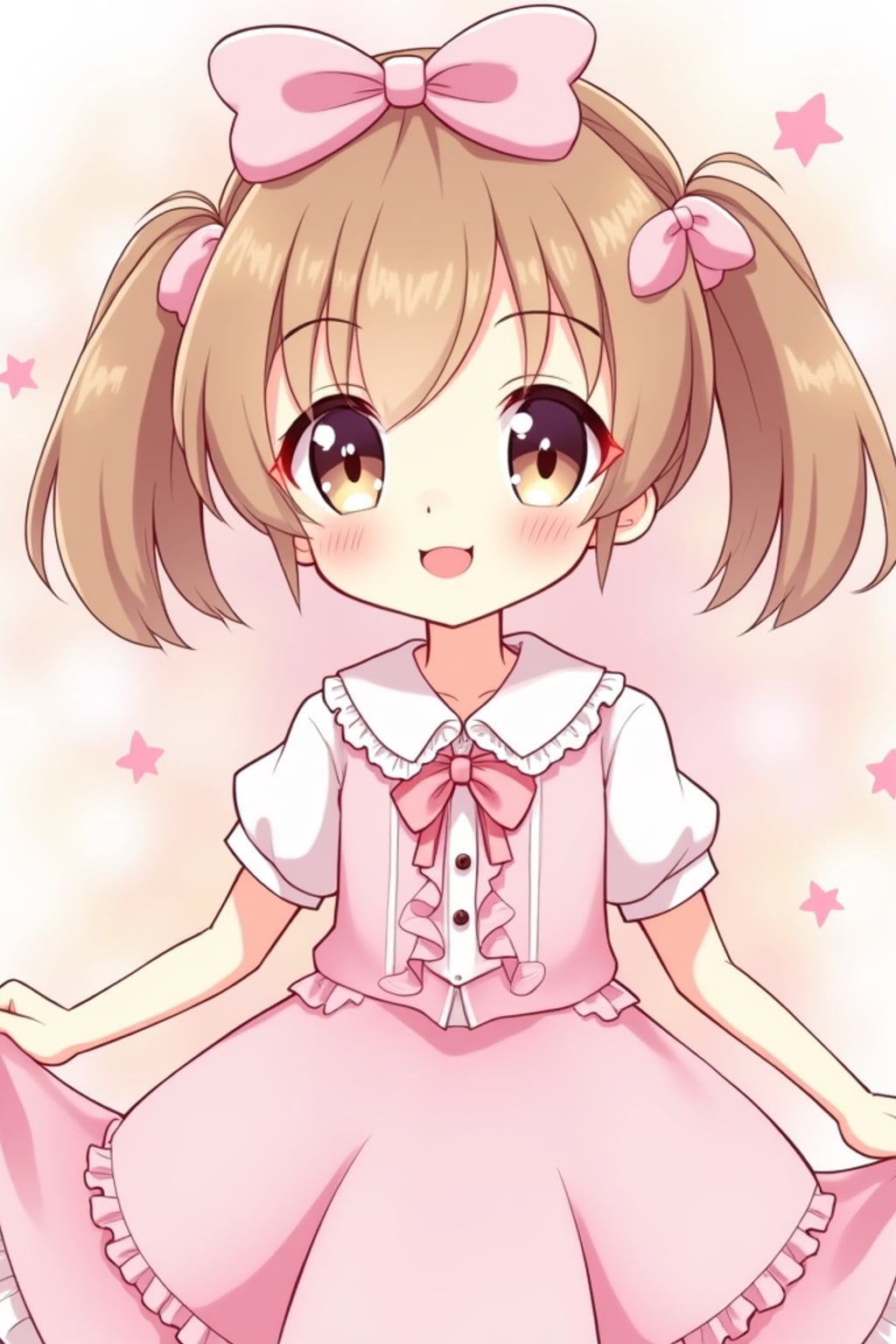 A cute kawaii anime girl avatar, featuring large sparkling eyes, a pastel-colored dress with ribbons and bows, playful pigtails . The background has dreamy pastel colors with soft sparkles. the style is in anime illustration.