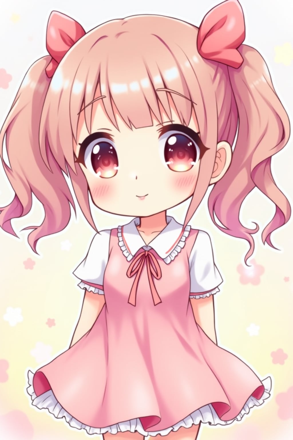 A cute kawaii anime girl avatar, featuring large sparkling eyes, a pastel-colored dress with ribbons and bows, playful pigtails . The background has dreamy pastel colors with soft sparkles. the style is in anime illustration.