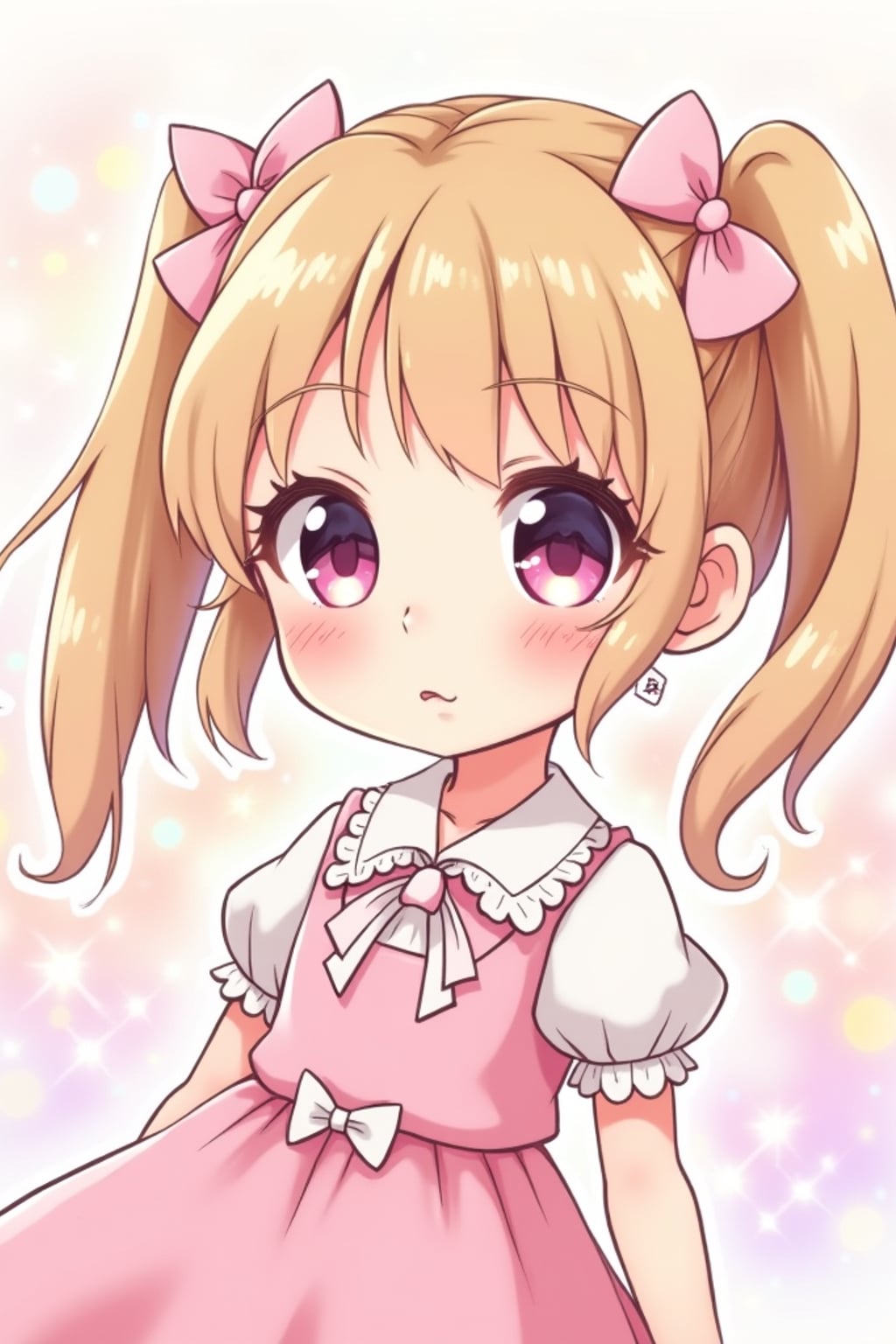 A cute kawaii anime girl avatar, featuring large sparkling eyes, a pastel-colored dress with ribbons and bows, playful pigtails . The background has dreamy pastel colors with soft sparkles. the style is in anime illustration.