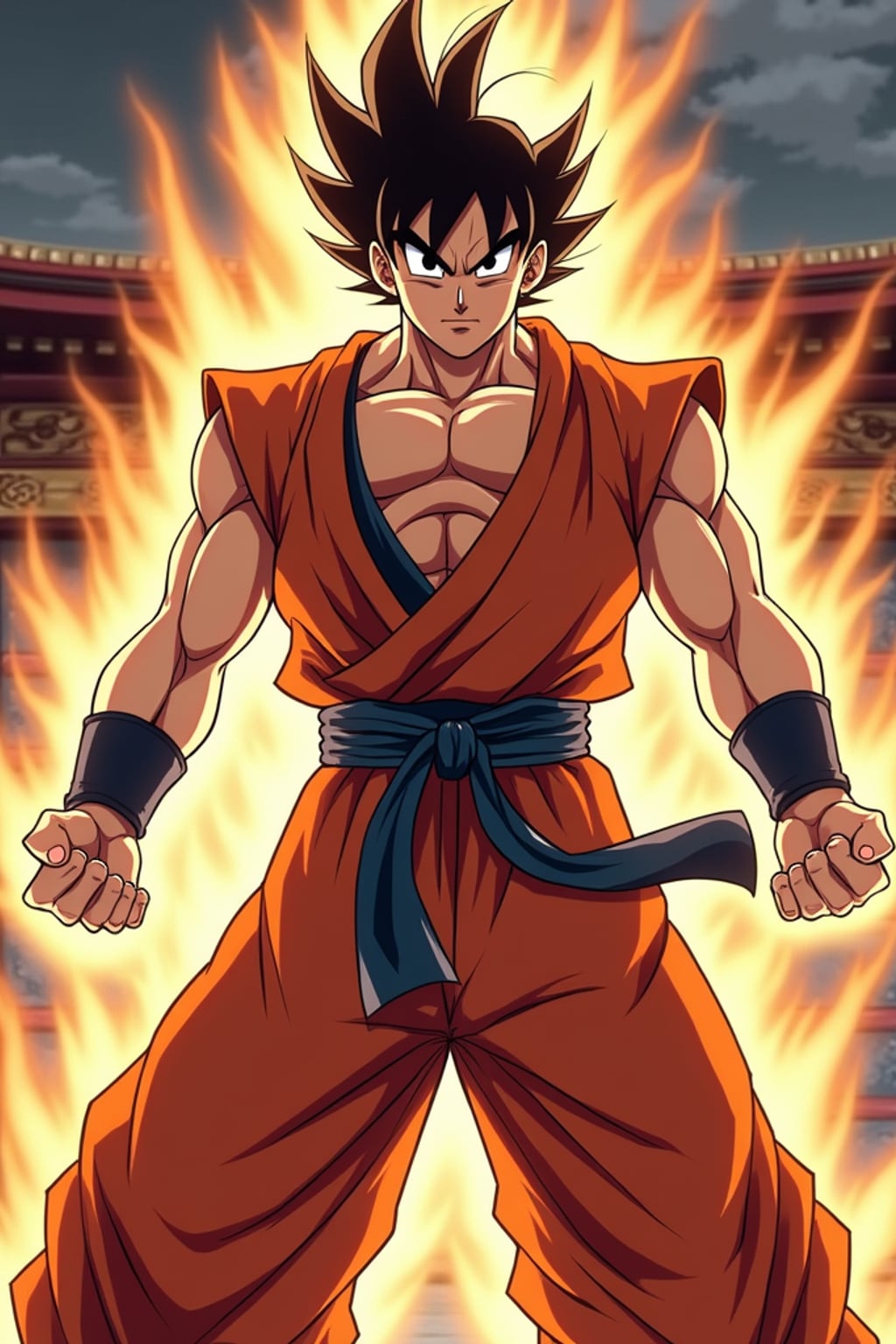 A legendary anime martial artist, posing confidently with a glowing energy aura, wearing  a sleeveless martial arts outfit with muscular definition and intense expression. The background features a classic anime battle stage. the style is in anime illustration.
