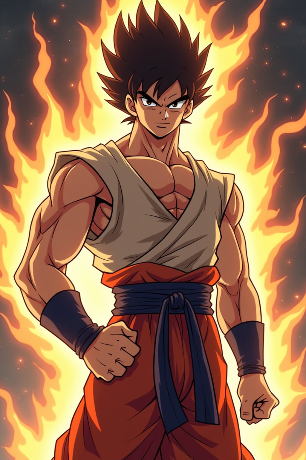 A legendary anime martial artist, posing confidently with a glowing energy aura, wearing  a sleeveless martial arts outfit with muscular definition and intense expression. The background features a classic anime battle stage. the style is in anime illustration.