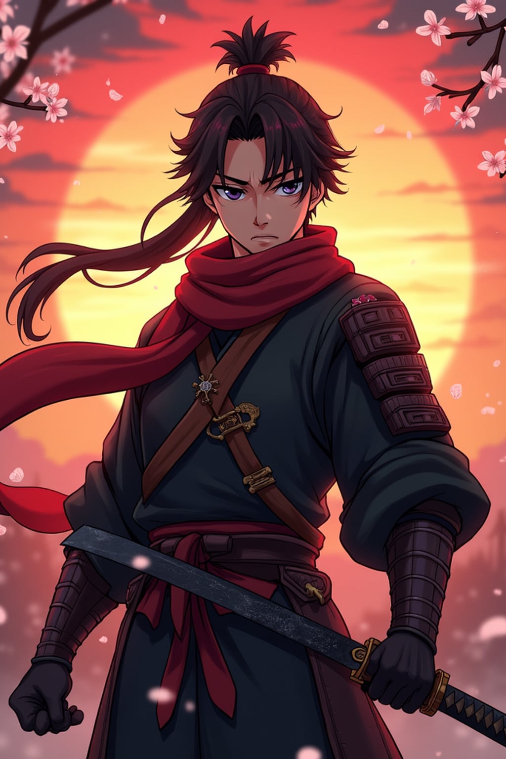 A powerful samurai anime avatar, holding a katana, wearing  a dark samurai armor with a flowing red scarf, intense gaze. The backdrop features a dramatic sunset and falling cherry blossoms. the style is in anime illustration.