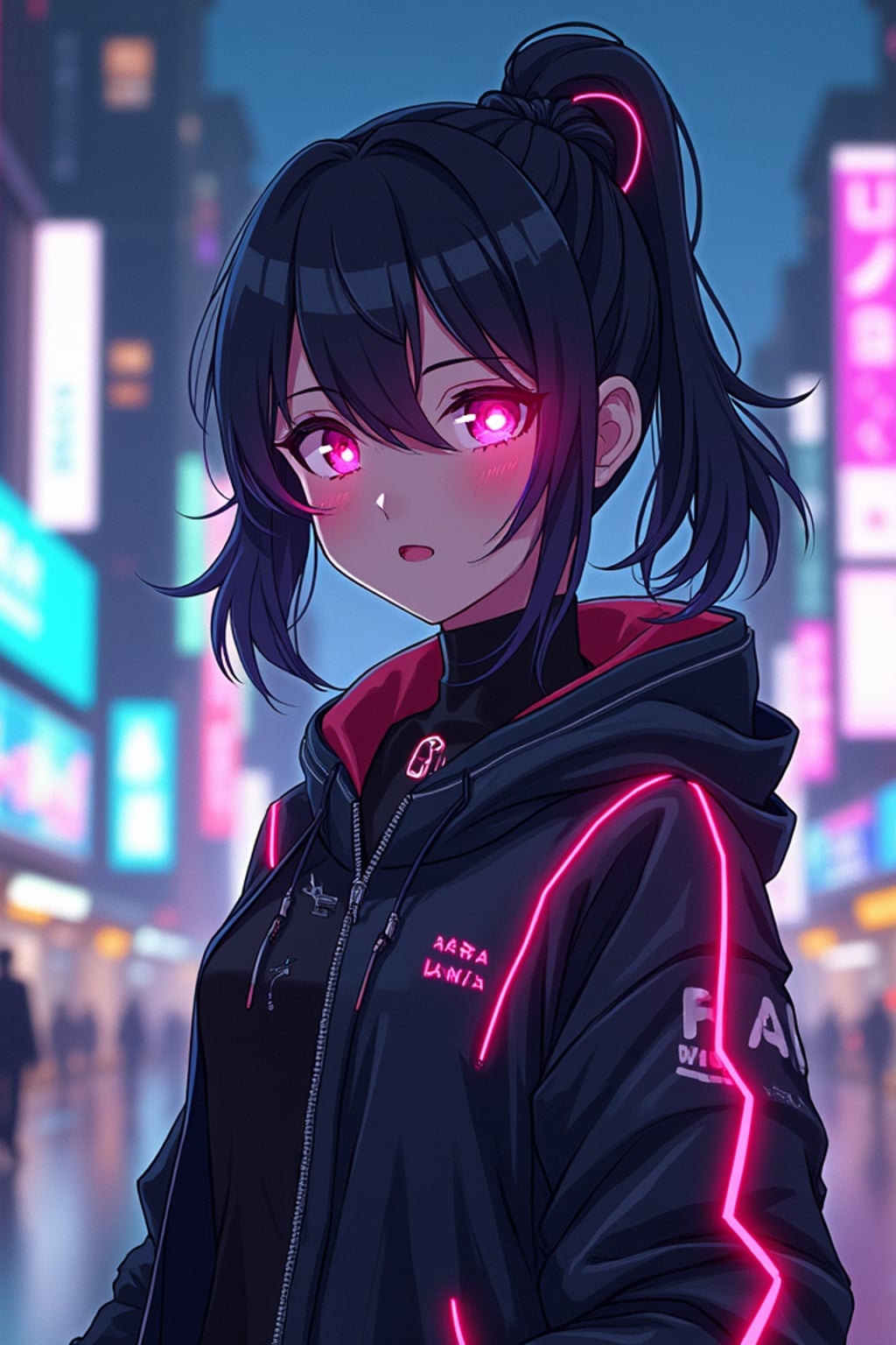 A cyberpunk anime-style character, with glowing neon elements,  a cyber-enhanced jacket with neon streaks and cybernetic eyes. The city skyline behind is filled with digital billboards and vibrant lights. the style is in anime illustration.