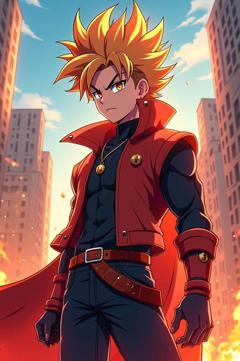 A vibrant anime-style avatar of a determined shonen protagonist, wearing  a heroic outfit with spiky hair and a fiery determined look. The background features an action-packed anime cityscape with dynamic lighting. the style is in anime illustration.