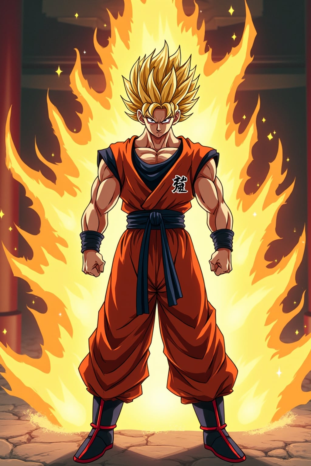 A legendary anime martial artist, posing confidently with a glowing energy aura, wearing  a sleeveless martial arts outfit with muscular definition and intense expression. The background features a classic anime battle stage. the style is in anime illustration.
