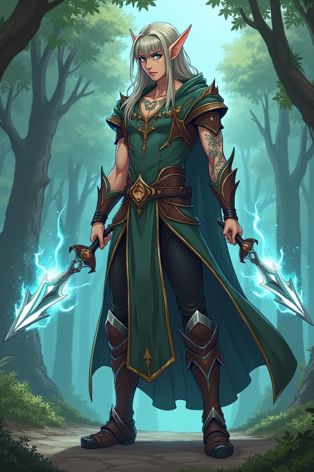 A mystical anime elf character, with pointed ears and glowing magical tattoos, dressed in  a regal tunic with enchanted weapons and a strong heroic stance. The setting is a magical woodland landscape. the style is in anime illustration.