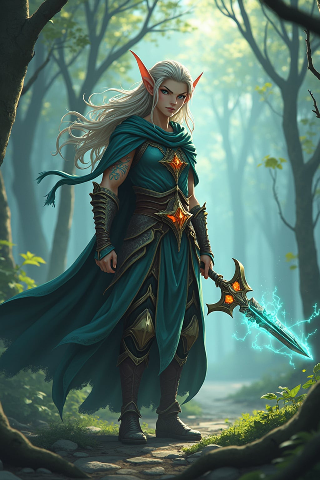 A mystical anime elf character, with pointed ears and glowing magical tattoos, dressed in  a regal tunic with enchanted weapons and a strong heroic stance. The setting is a magical woodland landscape. the style is in anime illustration.