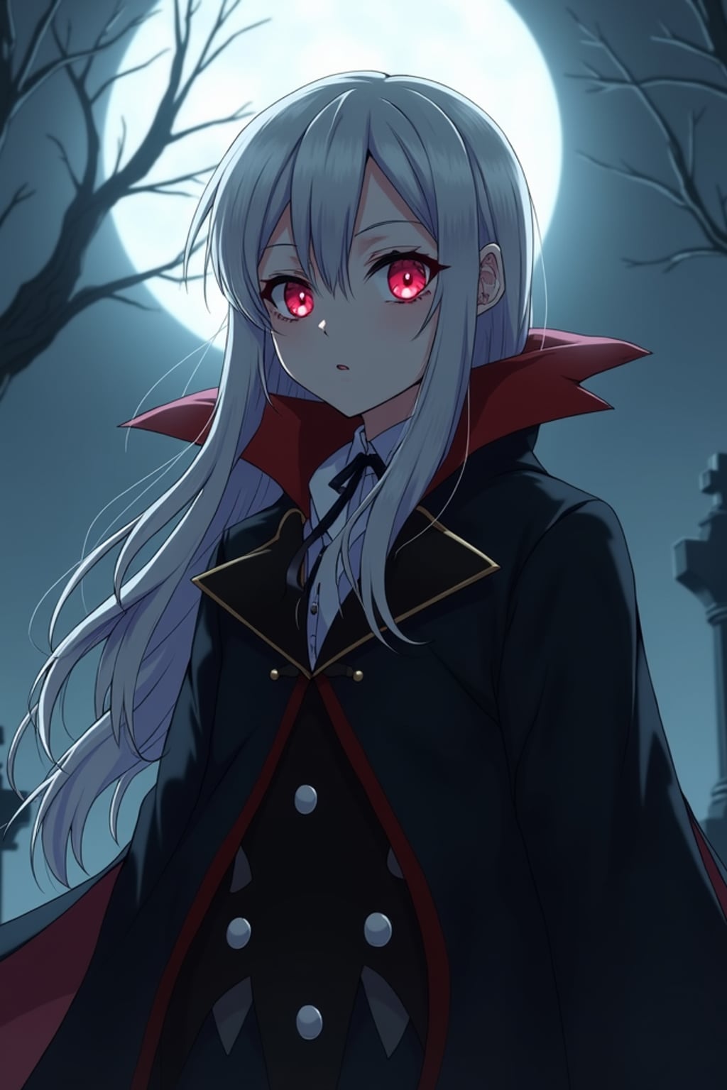 A gothic anime vampire avatar, with pale skin and piercing red eyes, wearing  a dark vampire cloak with a high collar and long silver hair. The setting is a foggy moonlit graveyard. the style is in anime illustration.