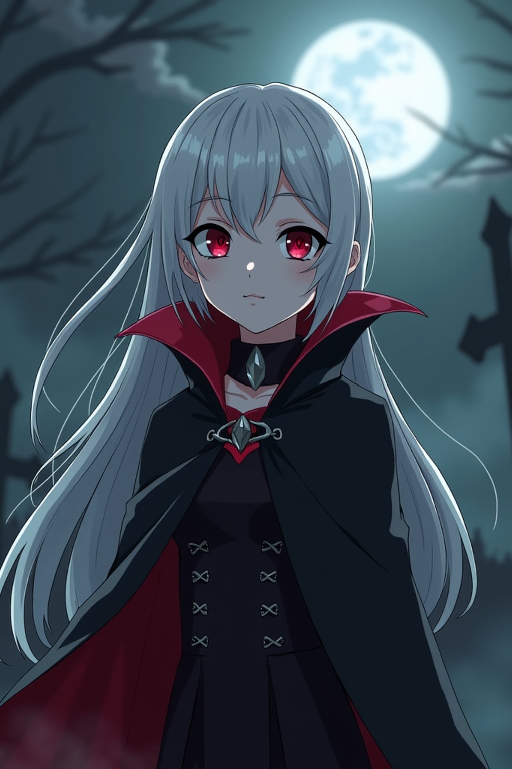 A gothic anime vampire avatar, with pale skin and piercing red eyes, wearing  a dark vampire cloak with a high collar and long silver hair. The setting is a foggy moonlit graveyard. the style is in anime illustration.