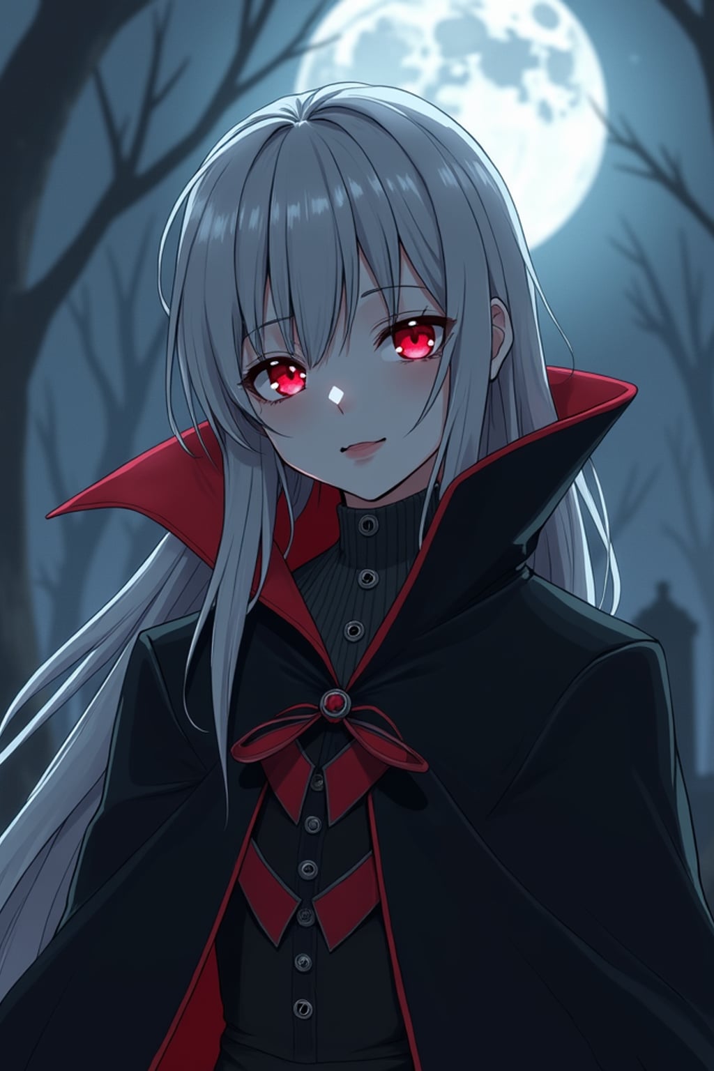 A gothic anime vampire avatar, with pale skin and piercing red eyes, wearing  a dark vampire cloak with a high collar and long silver hair. The setting is a foggy moonlit graveyard. the style is in anime illustration.