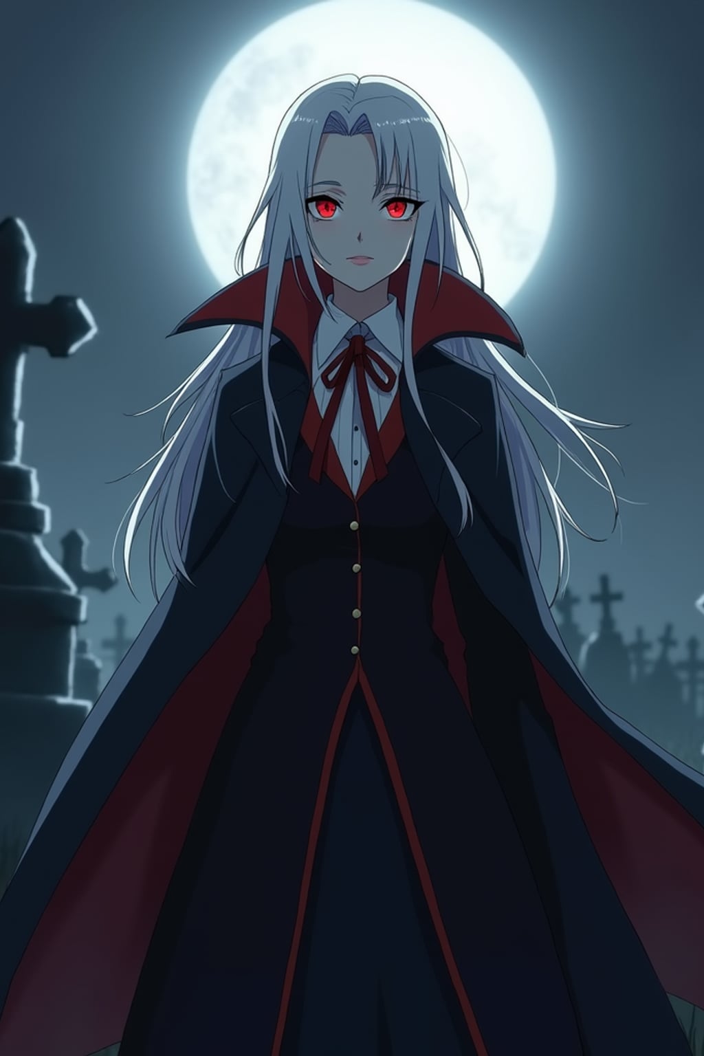 A gothic anime vampire avatar, with pale skin and piercing red eyes, wearing  a dark vampire cloak with a high collar and long silver hair. The setting is a foggy moonlit graveyard. the style is in anime illustration.