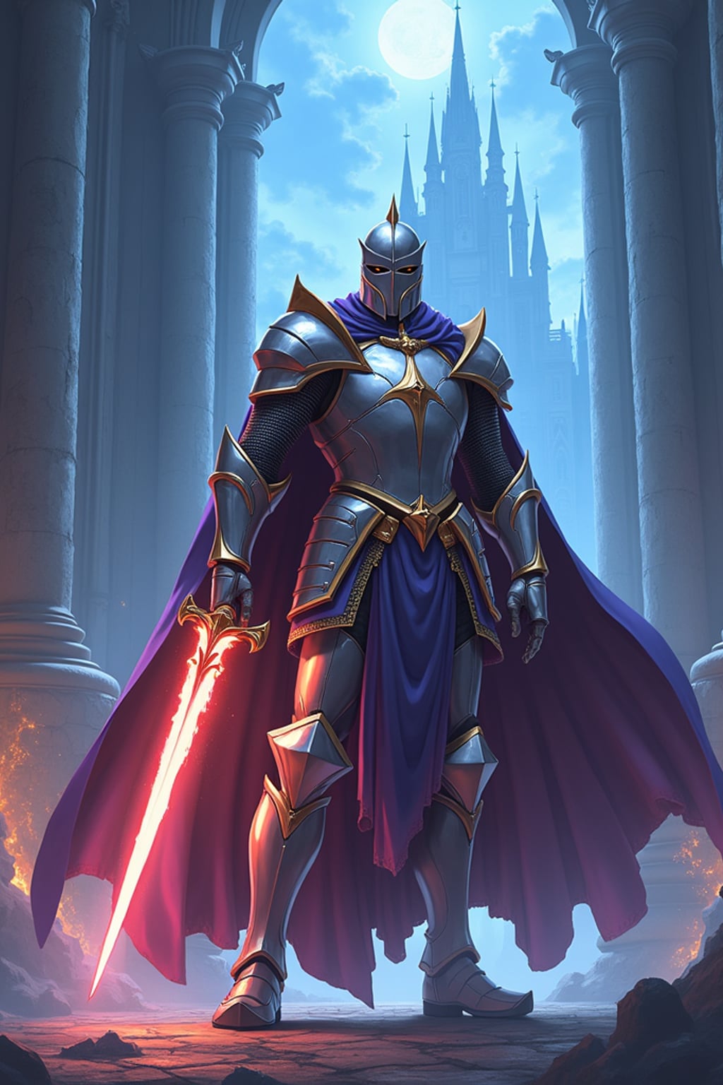 A fantasy anime warrior avatar, dressed in  a legendary knight armor with a majestic cape and glowing sword. The setting is a grand castle with mystical energy radiating. the style is in anime illustration.