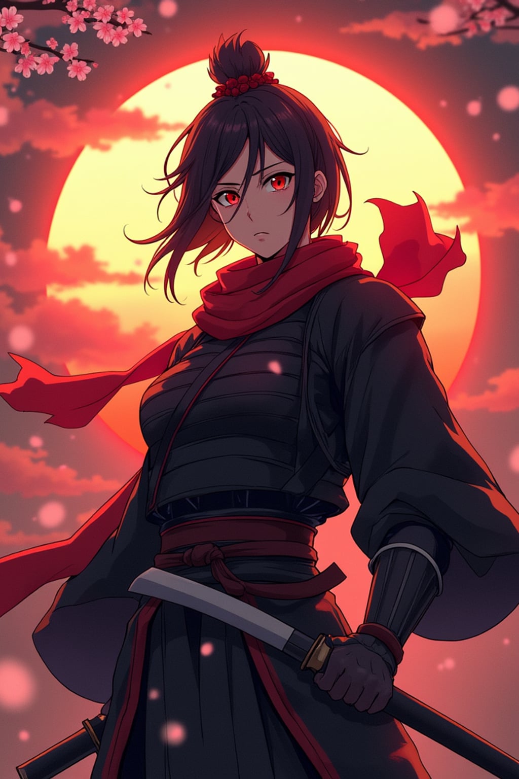 A powerful samurai anime avatar, holding a katana, wearing  a dark samurai armor with a flowing red scarf, intense gaze. The backdrop features a dramatic sunset and falling cherry blossoms. the style is in anime illustration.