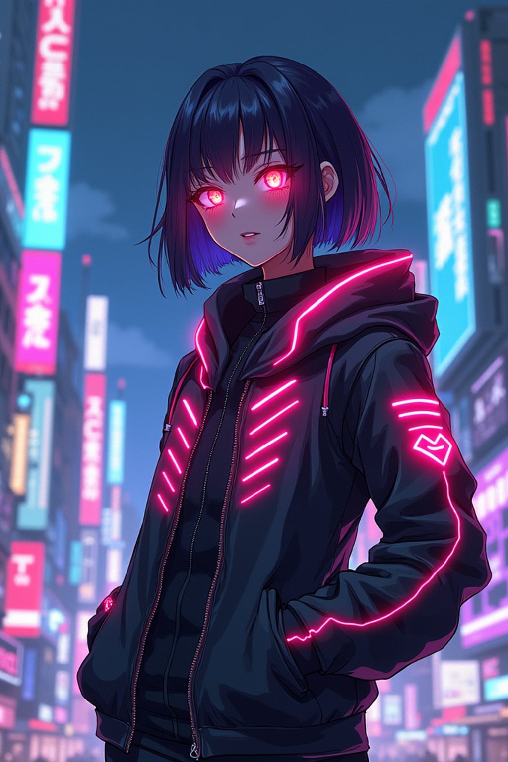 A cyberpunk anime-style character, with glowing neon elements,  a cyber-enhanced jacket with neon streaks and cybernetic eyes. The city skyline behind is filled with digital billboards and vibrant lights. the style is in anime illustration.