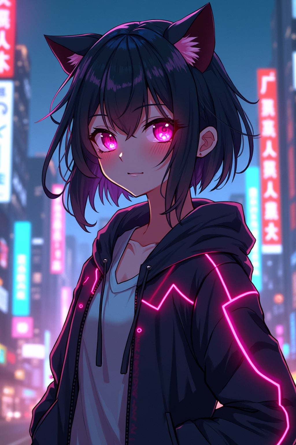 A cyberpunk anime-style character, with glowing neon elements,  a cyber-enhanced jacket with neon streaks and cybernetic eyes. The city skyline behind is filled with digital billboards and vibrant lights. the style is in anime illustration.