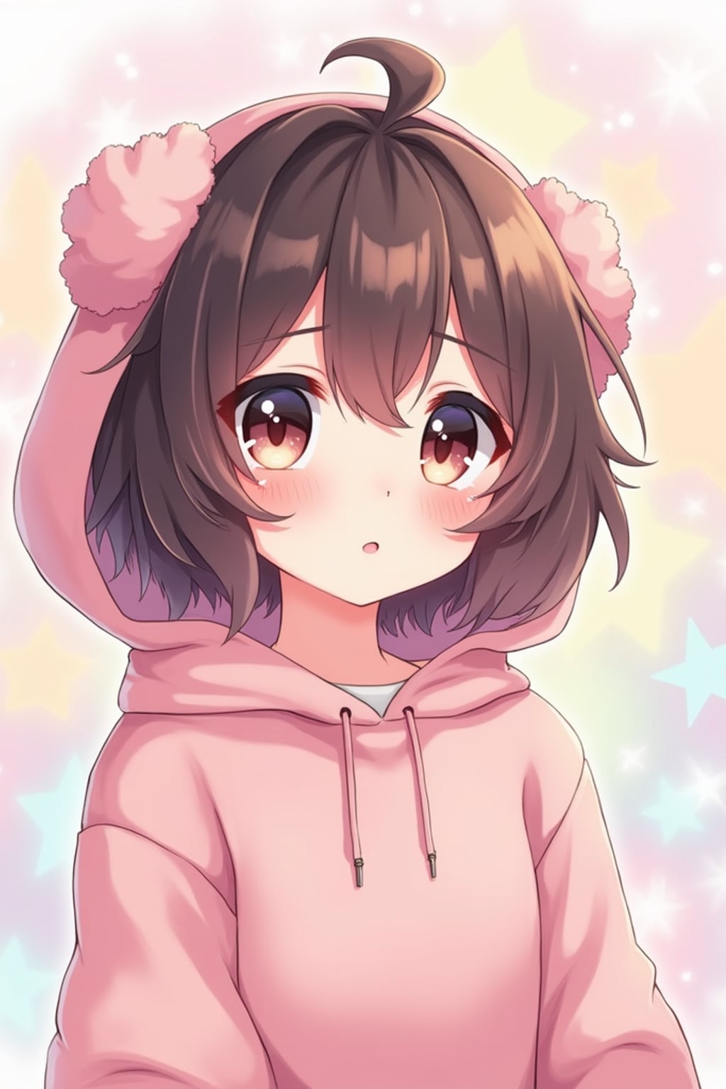 A cute kawaii anime girl avatar, featuring large sparkling eyes,  a soft boy aesthetic with messy hair and oversized hoodie. The background has dreamy pastel colors with soft sparkles. the style is in anime illustration.