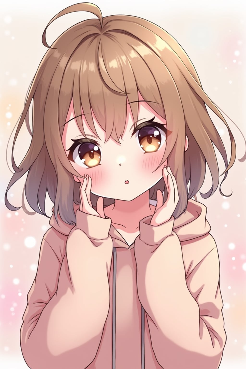 A cute kawaii anime girl avatar, featuring large sparkling eyes,  a soft boy aesthetic with messy hair and oversized hoodie. The background has dreamy pastel colors with soft sparkles. the style is in anime illustration.