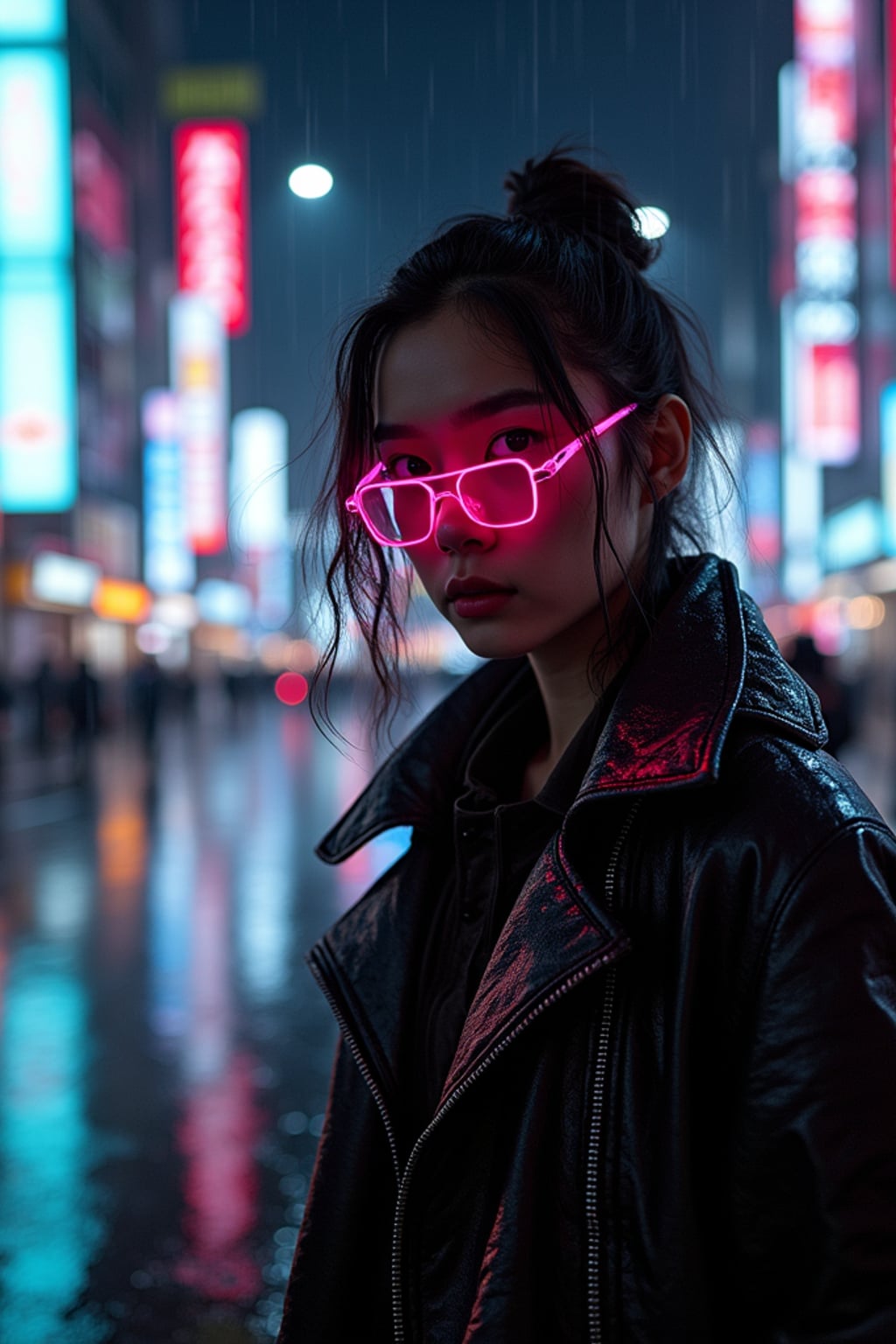 Rainy night in Shibuya, reflections of neon lights on the wet streets.  Dark neon-lit outfit, glowing cyberpunk glasses. Cyberpunk realism.