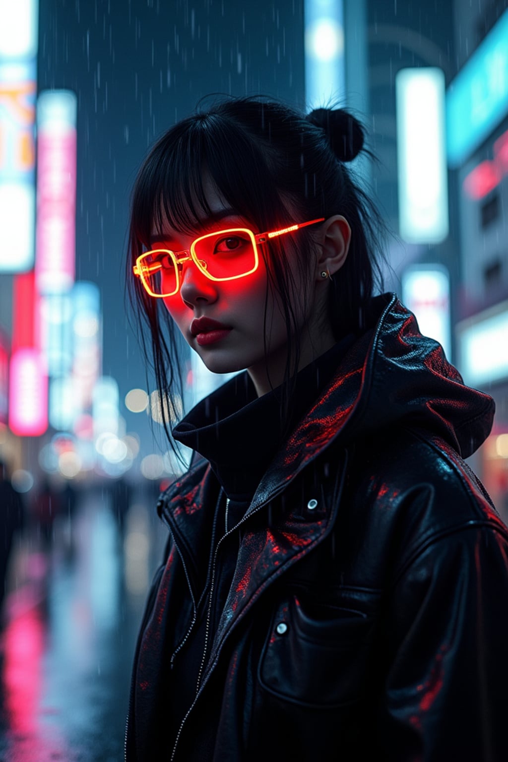Rainy night in Shibuya, reflections of neon lights on the wet streets.  Dark neon-lit outfit, glowing cyberpunk glasses. Cyberpunk realism.