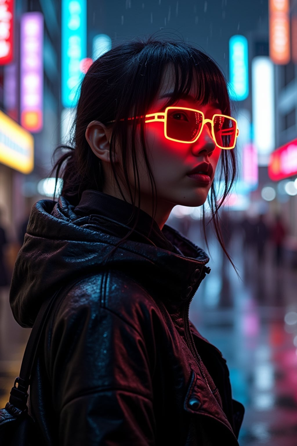 Rainy night in Shibuya, reflections of neon lights on the wet streets.  Dark neon-lit outfit, glowing cyberpunk glasses. Cyberpunk realism.