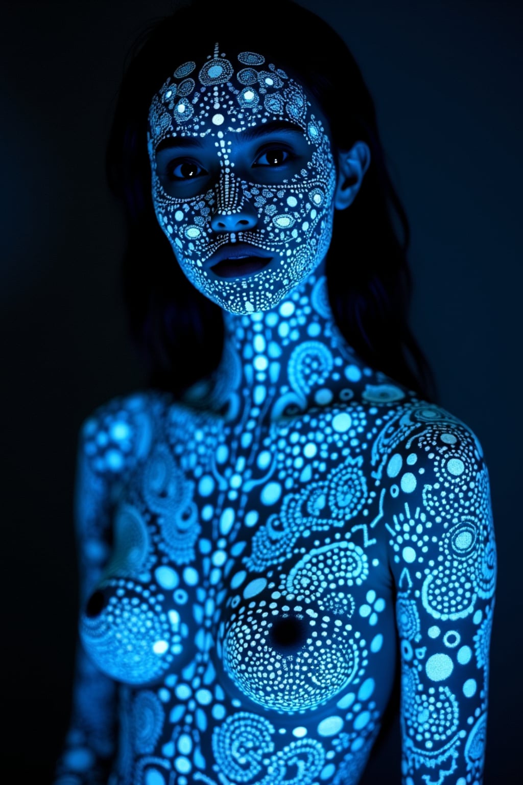 Model with glowing UV ink tattoos. Invisible ink tattoos that glow under blacklight, delicate patterns . Sci-fi-inspired tattoos.