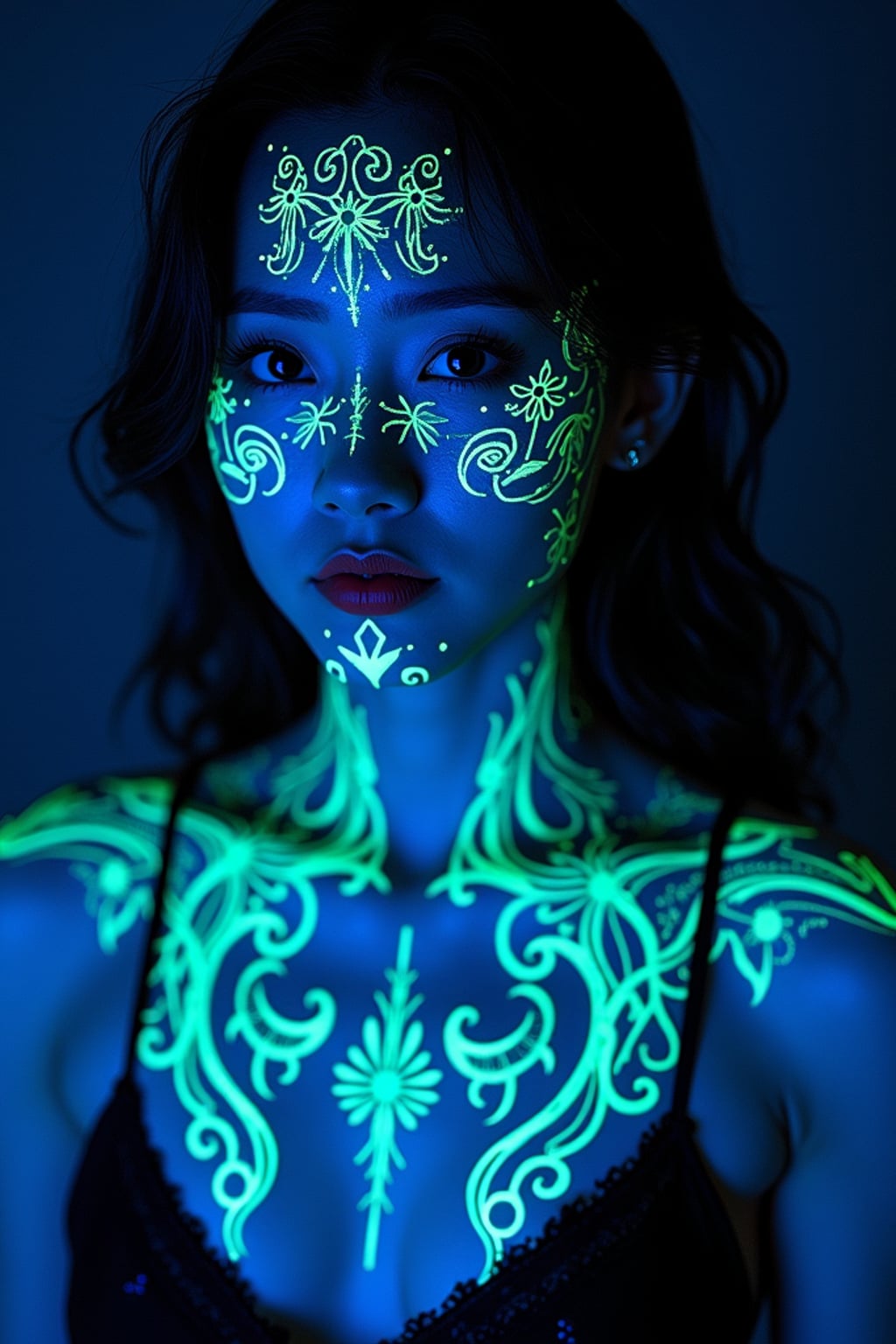 Model with glowing UV ink tattoos. Invisible ink tattoos that glow under blacklight, delicate patterns . Sci-fi-inspired tattoos.