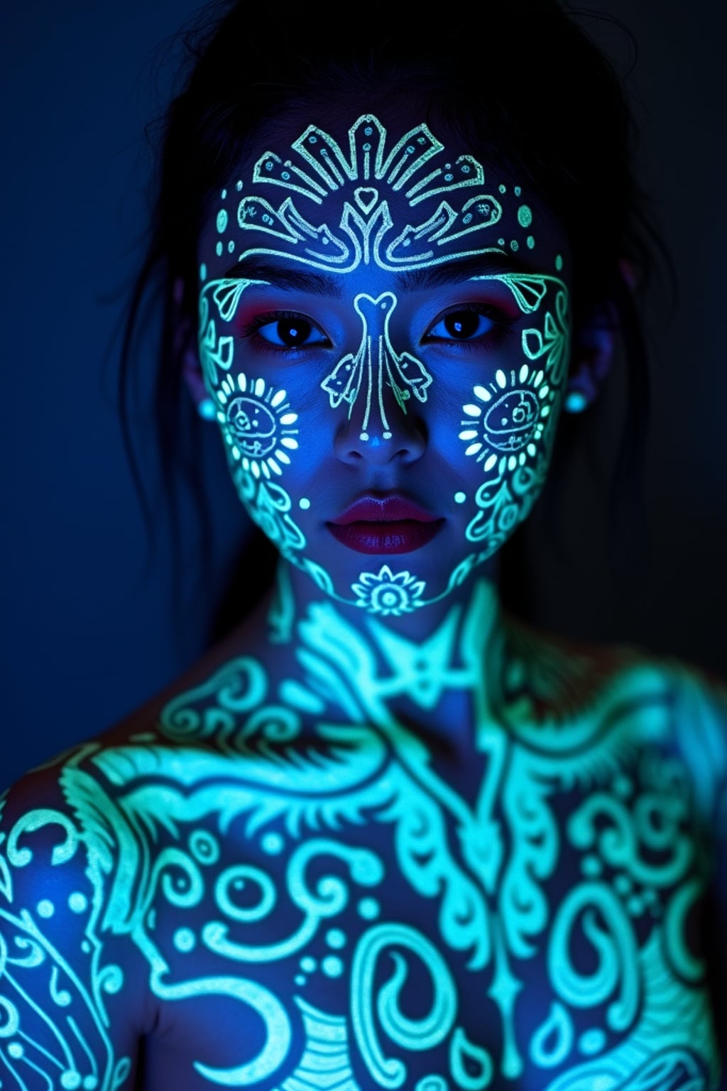 Model with glowing UV ink tattoos. Invisible ink tattoos that glow under blacklight, delicate patterns . Sci-fi-inspired tattoos.