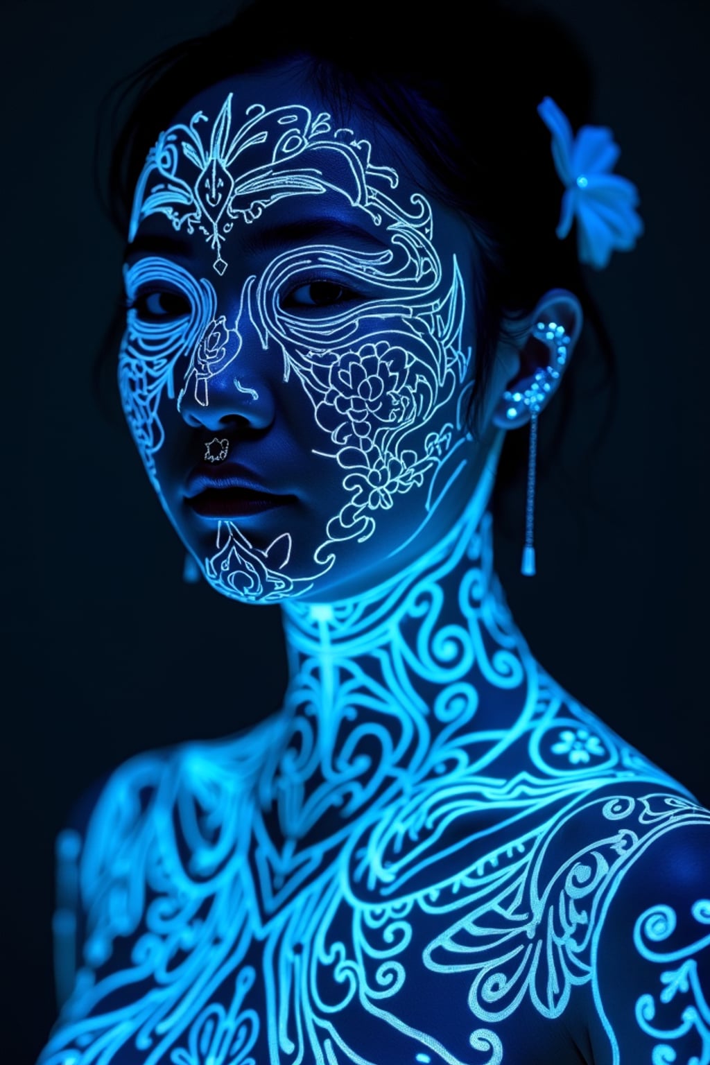 Model with glowing UV ink tattoos. Invisible ink tattoos that glow under blacklight, delicate patterns . Sci-fi-inspired tattoos.