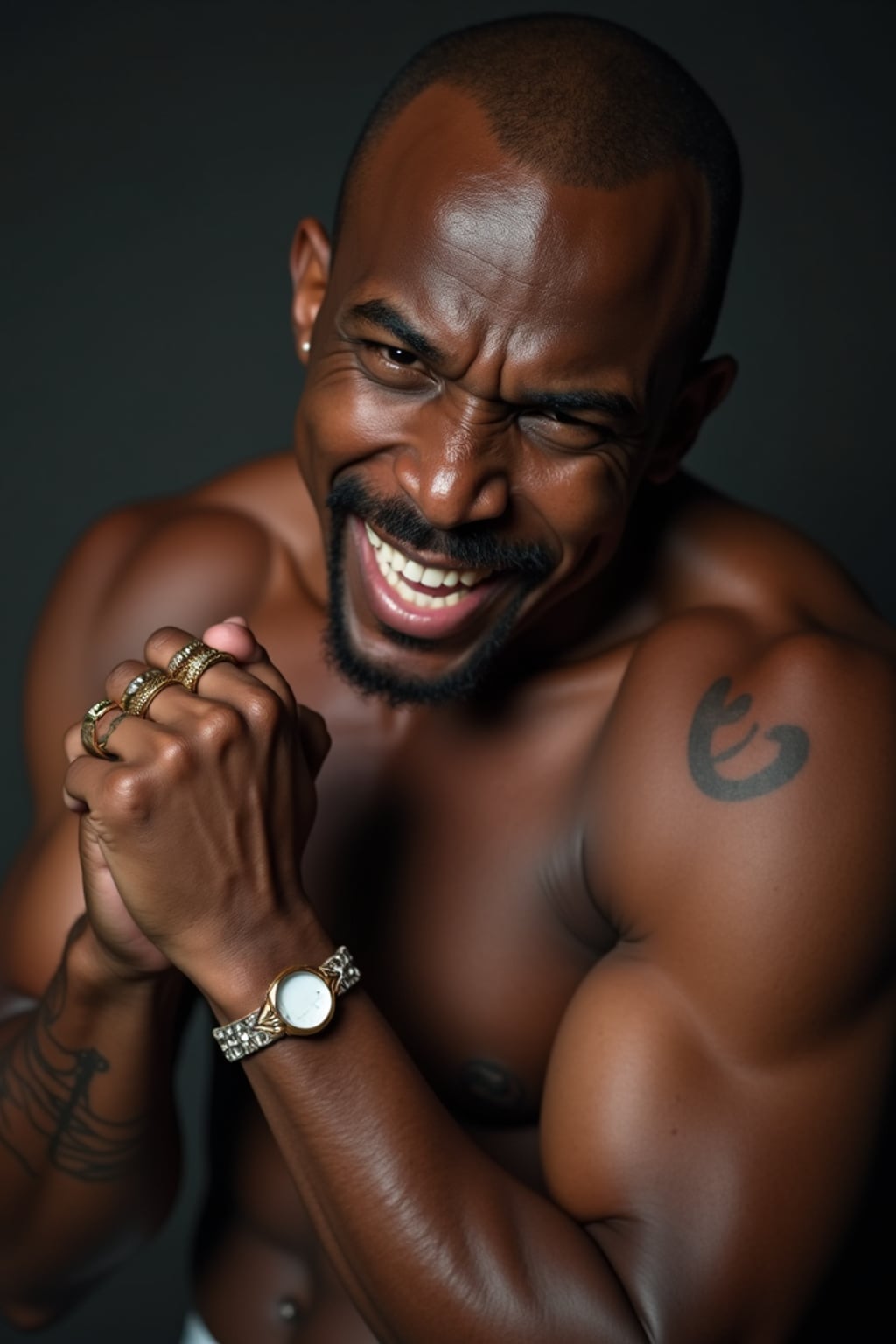 full body photo of Dramatic close-up for a 1990s album cover, intense expression.  Tough rap icon stance, flexing rings.