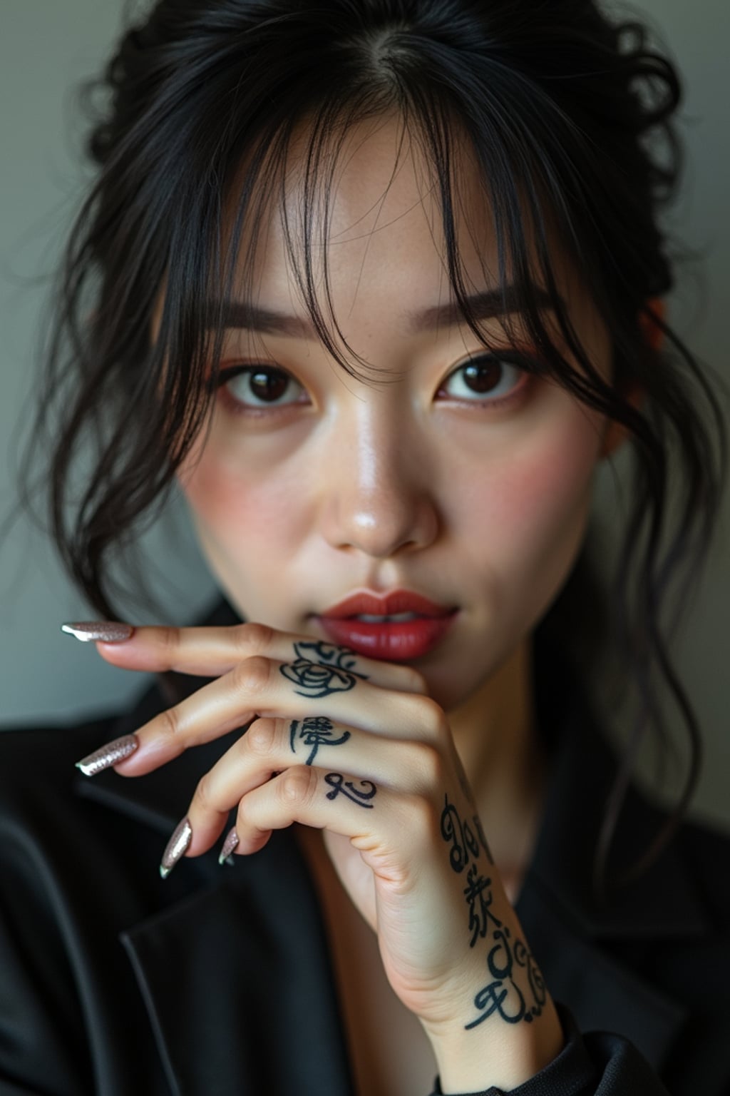Model with tattooed knuckles and fingers, statement ink. Small delicate script tattoos across fingers . Street-style photography.