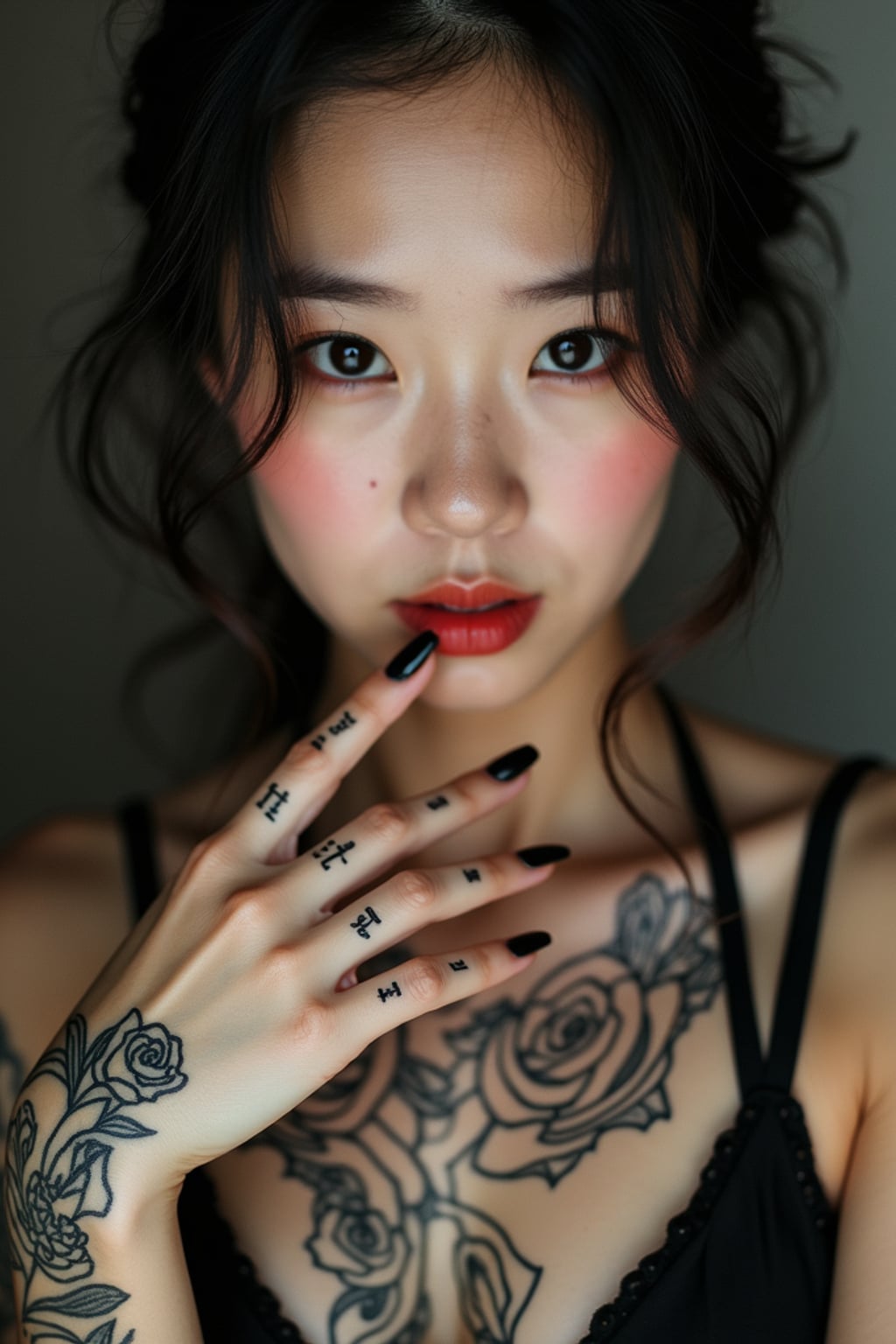 Model with tattooed knuckles and fingers, statement ink. Small delicate script tattoos across fingers . Street-style photography.